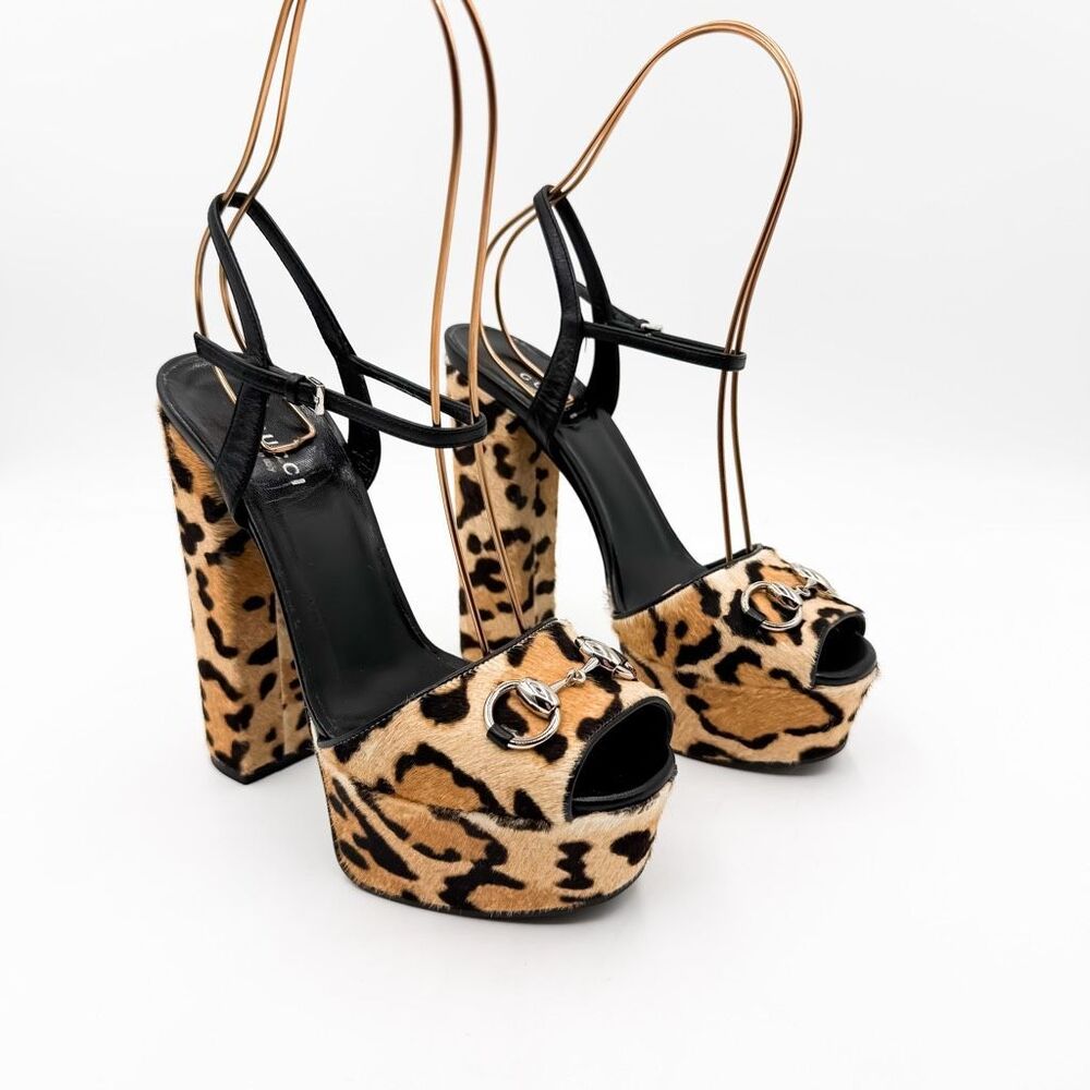 Gucci Horsebit Platform Sandals Ponyhair Animal Print Pumps EU 37 US 7
